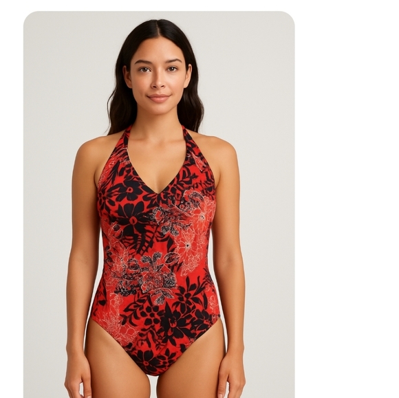 Catalina Hawaiian Print PLUS halter Swimsuit.3X - Picture 1 of 13